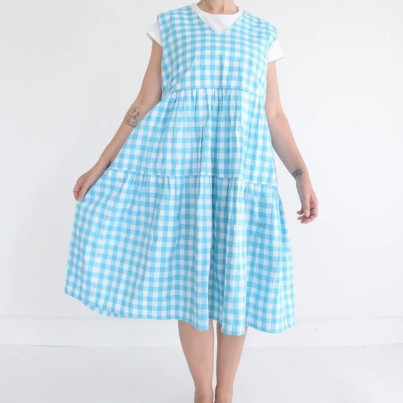 Blue  and White Gingham V-Neck Sleeveless Maxi Dress - Picture 3 of 14